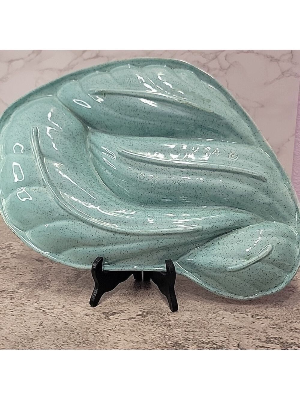 Mid Century Modern California Pottery Turquoise & Gold Leaf Divided Relish Tray - Picture 3 of 11